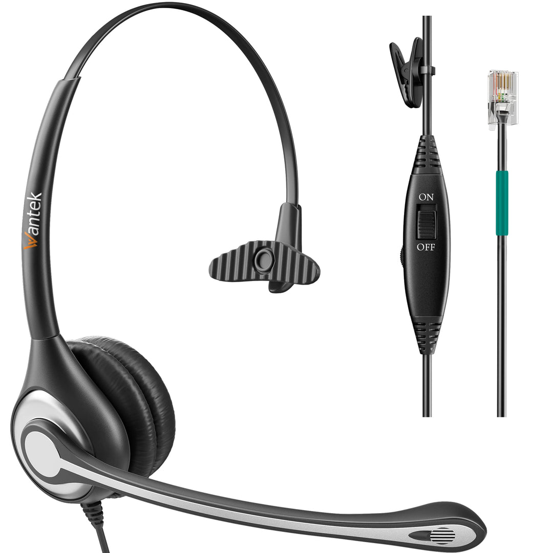 Wantek Telefon Headset Mono mit Noise Cancelling Mikrofon, Lautstärkeregler, Call Center Kopfhörer f