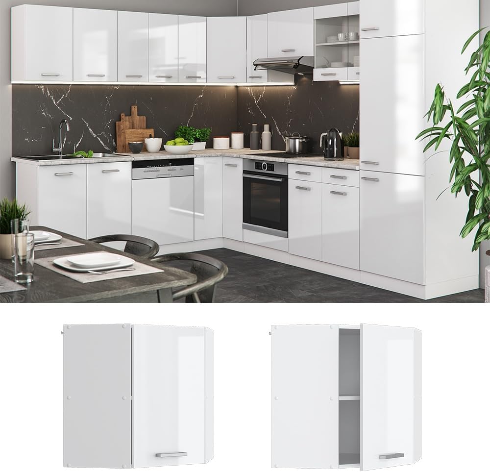 Vicco Eckhängeschrank R-Line, Weiss Hochglanz/Weiss, 57 cm Weiss Hochglanz Eckhängeschrank 57cm, Wei