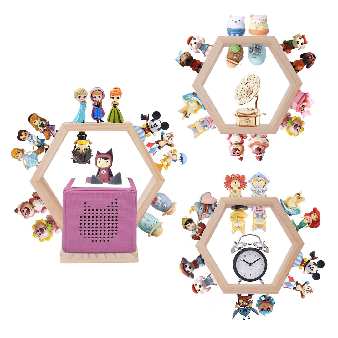 Tonie Shellf Hexagon for Toniebox Starter Tonie Shelf Wall Mounted Set of 3, Magnetic Wooden Floatin