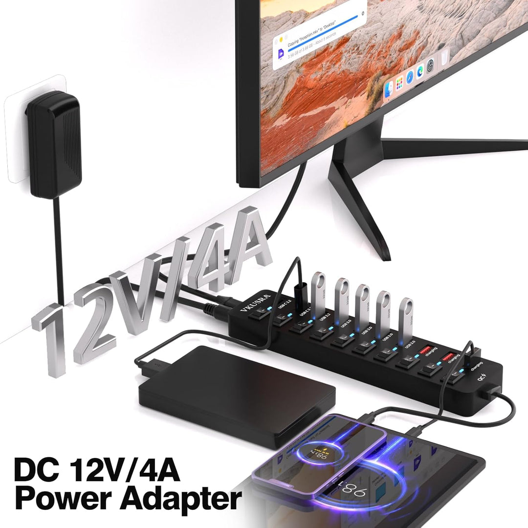 USB Hub mit Netzteil, VKUSRA 11-Port USB C 3.2 Hub mit 10Gbps USB-C 3.2 Datenports*2 und USB 3.2 Dat