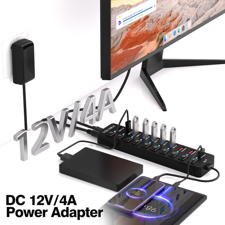 USB Hub mit Netzteil, VKUSRA 11-Port USB C 3.2 Hub mit 10Gbps USB-C 3.2 Datenports*2 und USB 3.2 Dat
