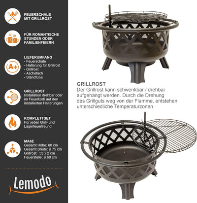 Lemodo Feuerschale mit Grillrost, Feuerkorb für den Garten, Firebowl Ø 75x60 cm, Grillrost schwenkba