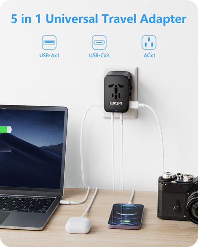 LENCENT Internationaler Reiseadapter,GaN III 65W Universal Reisestecker mit 1 USB-A & 3 USB-C PD Sch