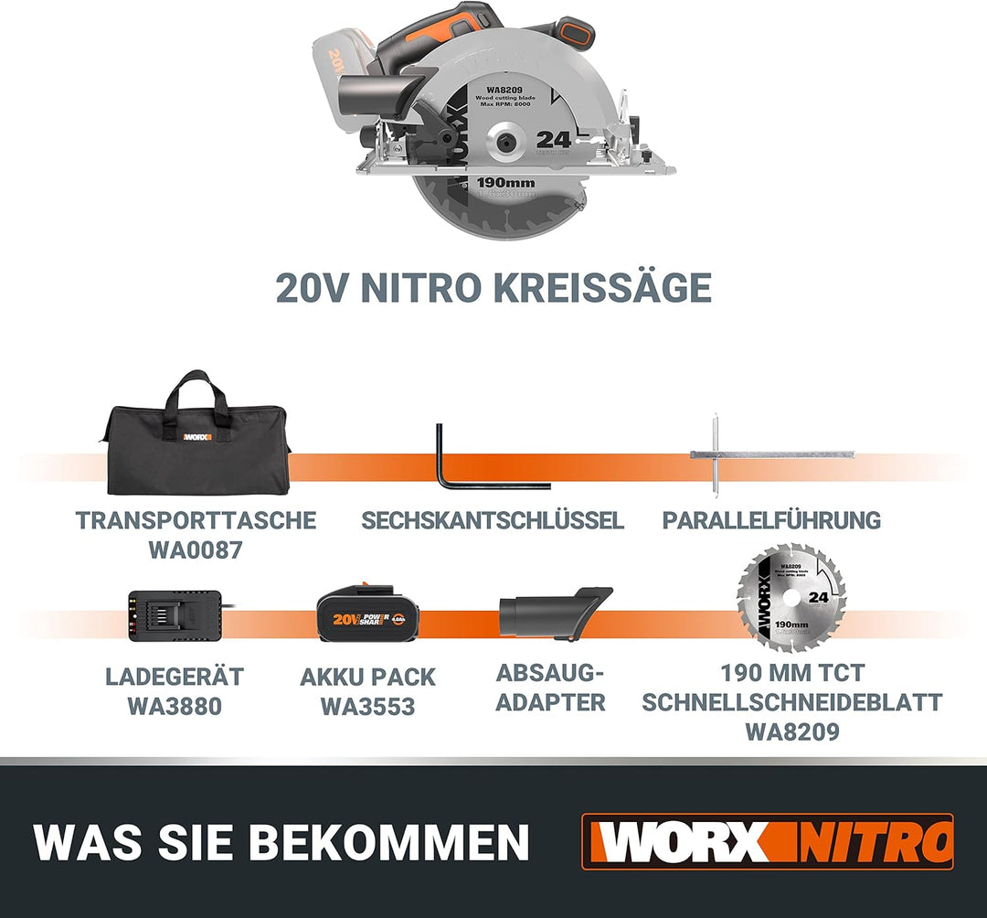 WORX NITRO WX520 Akku-Kreissäge – 190mm Schneideblatt – leistungsstarke bürstenloser Motor – 6100 U/