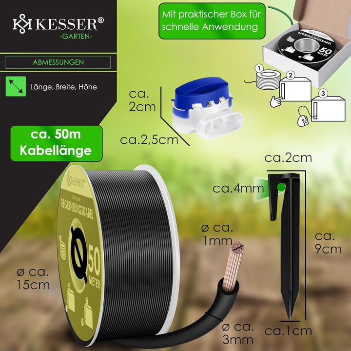 KESSER® Begrenzungskabel 50m + 200 Erdspiesse + 12 Kabelverbinder für Mähroboter Rasenmäher Rasenrob