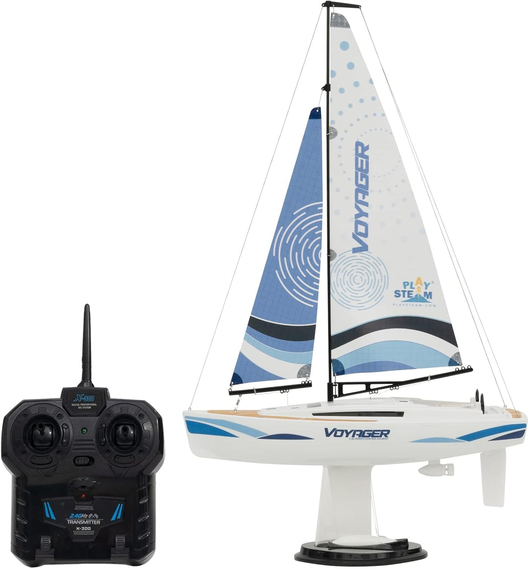 PLAYSTEAM Voyager 280 2.4GHz RC Motor Powered Sailboat in Blue - 14" Tall Motor Powered-blue, Motor