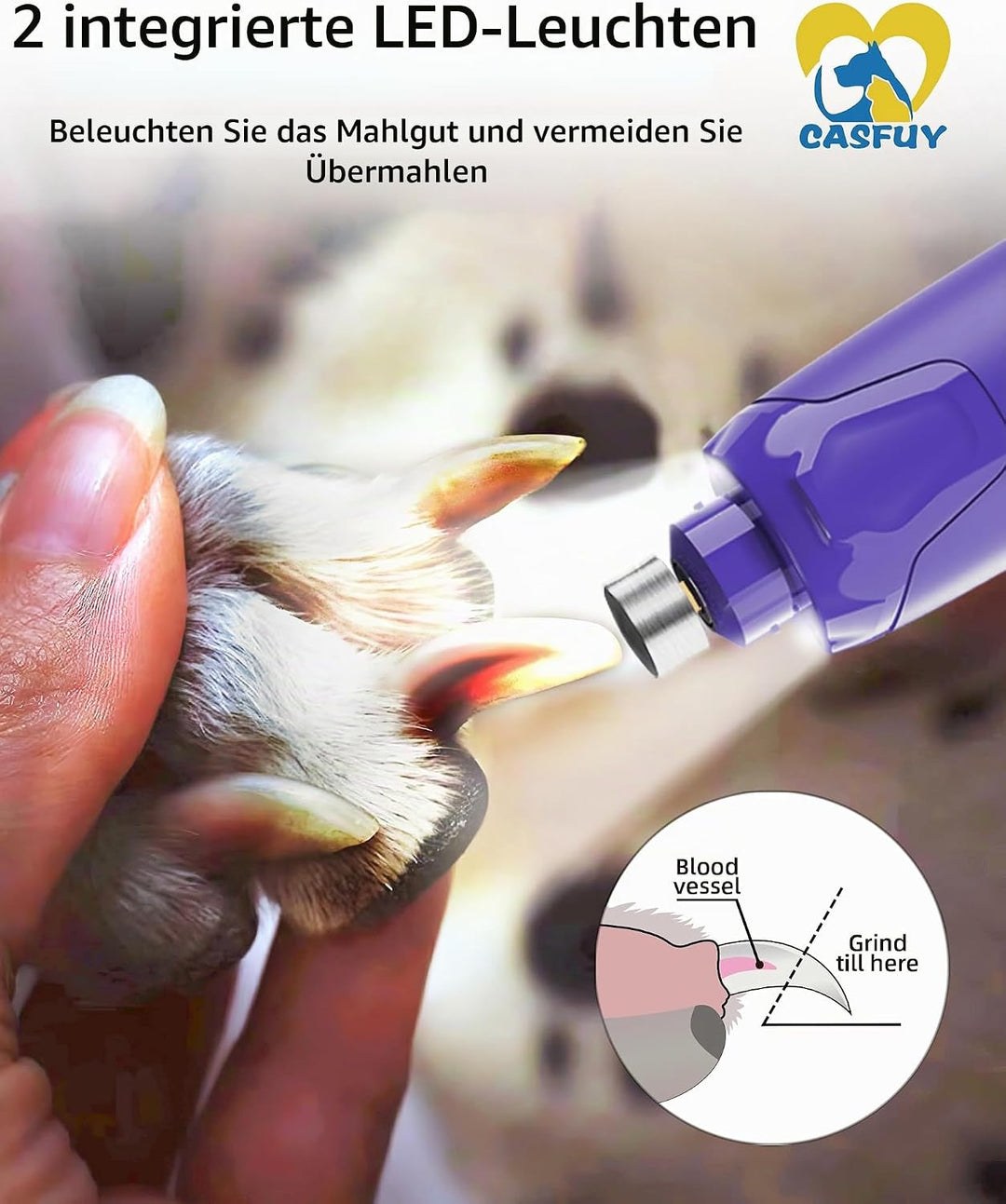 Casfuy Krallenschleifer für Hunde - (45 dB) 6-Gang-Haustier-Krallenschleifer mit 2 LED-Lichtern für