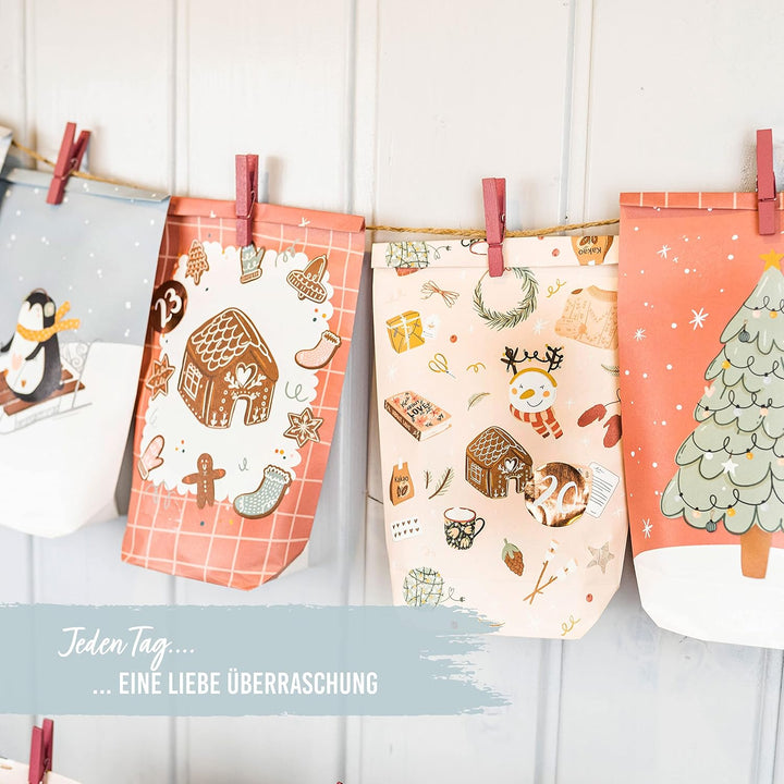 Papierdrachen Adventskalender 2025 zum Befüllen - 24 bedruckte Papiertüten in Eisblau & Rosa mit Zah