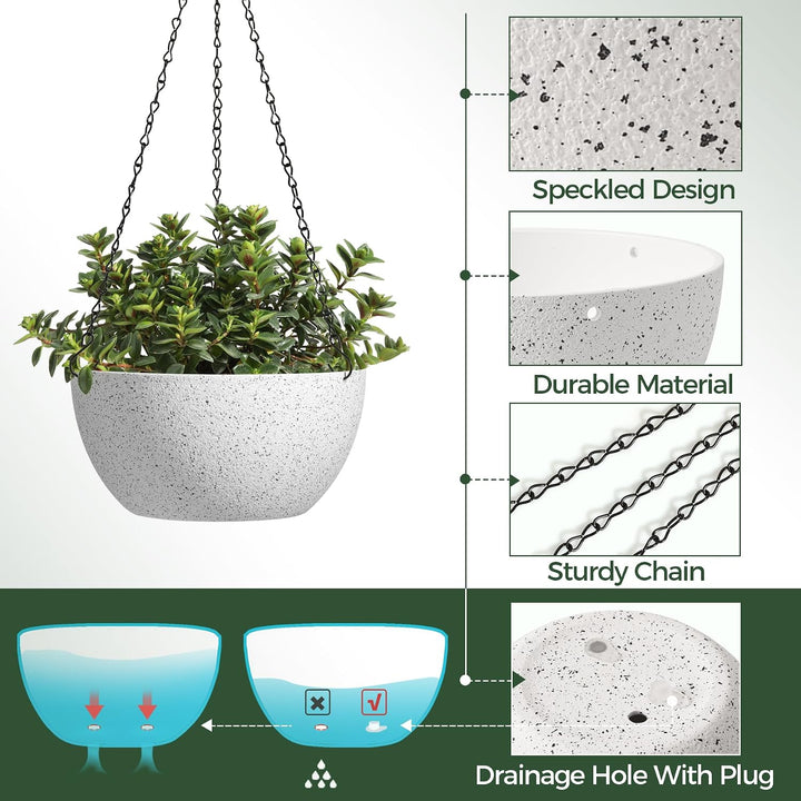 T4U Blumentopf Hängend Plastik 2er Set, Φ25CM Hängetopf für Pflanzen Gesprenkelte Weiss, Blumenampel