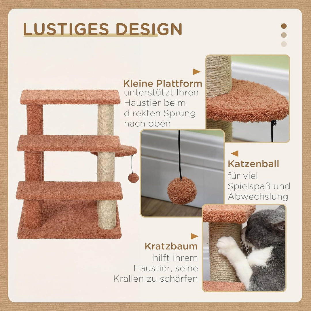 PawHut Katzentreppe 3 Stufen Tiertreppe Treppe für Katze mit Kratzsäulen Ball Haustiertreppe Hundetr