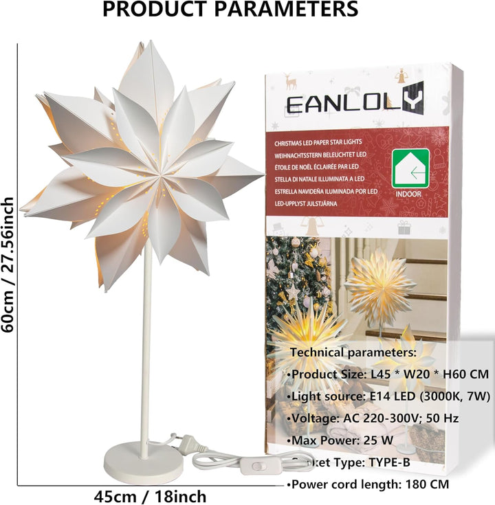 EANLOLY 45cm Stehender Weihnachtsstern Beleuchtet - LED Papierstern Weihnachten Tischlampe für Weihn