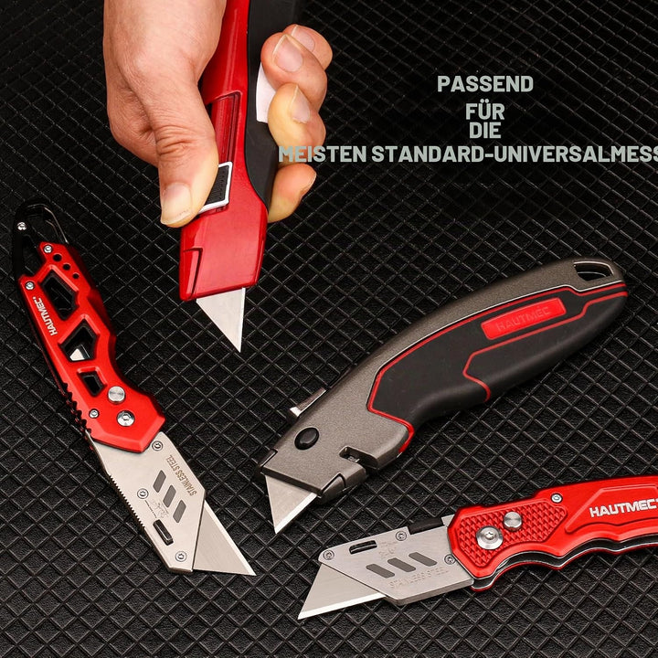 HAUTMEC 100 Stück Ersatzklingen für Universalmesser mit Sicherheits-Spenderbox – Allzweck-Trapezklin