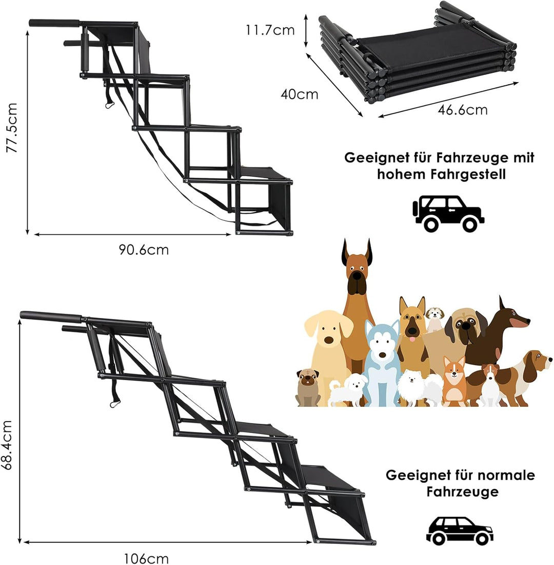 CALIYO Hundetreppe Auto Klappbar bis 75KG für Grosse Hunde, Höhenverstellbare 4-Stufen-Hundetreppe,