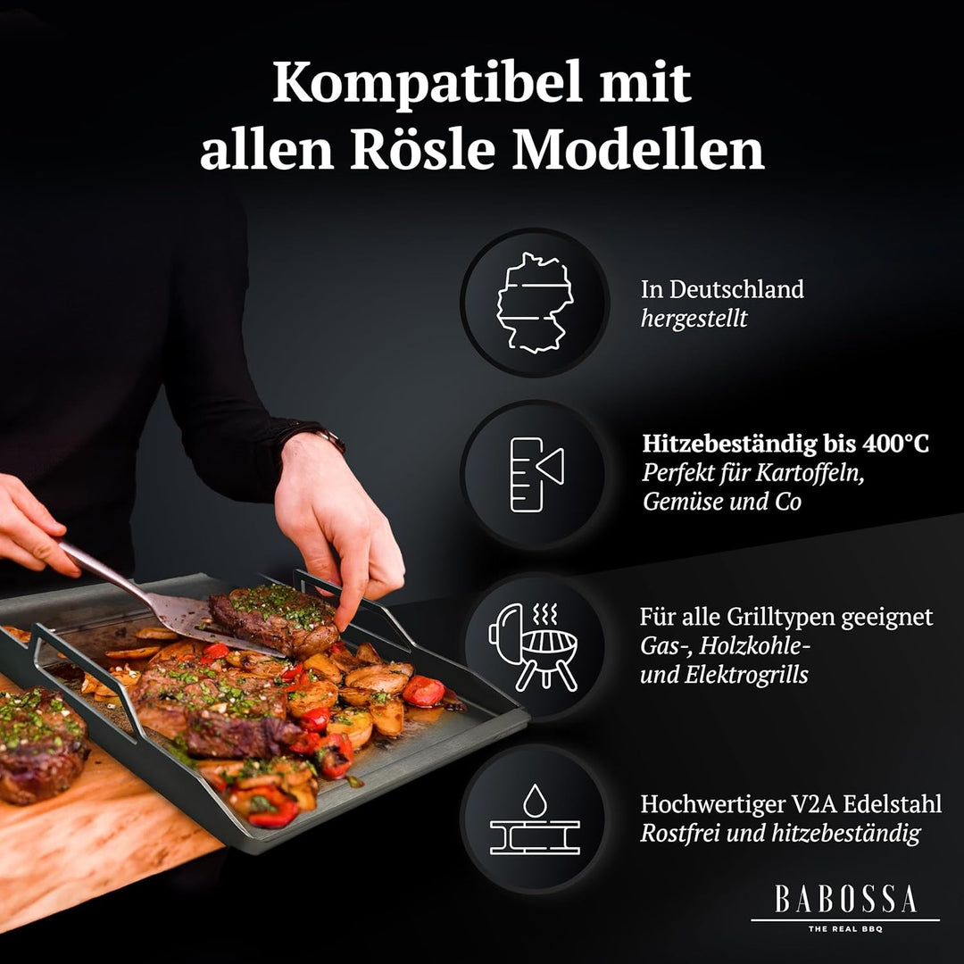 BABOSSA Premium Einsatzpfanne/Plancha kompatibel mit allen Rösle Modellen | 45x23.5cm | Massiv, verz