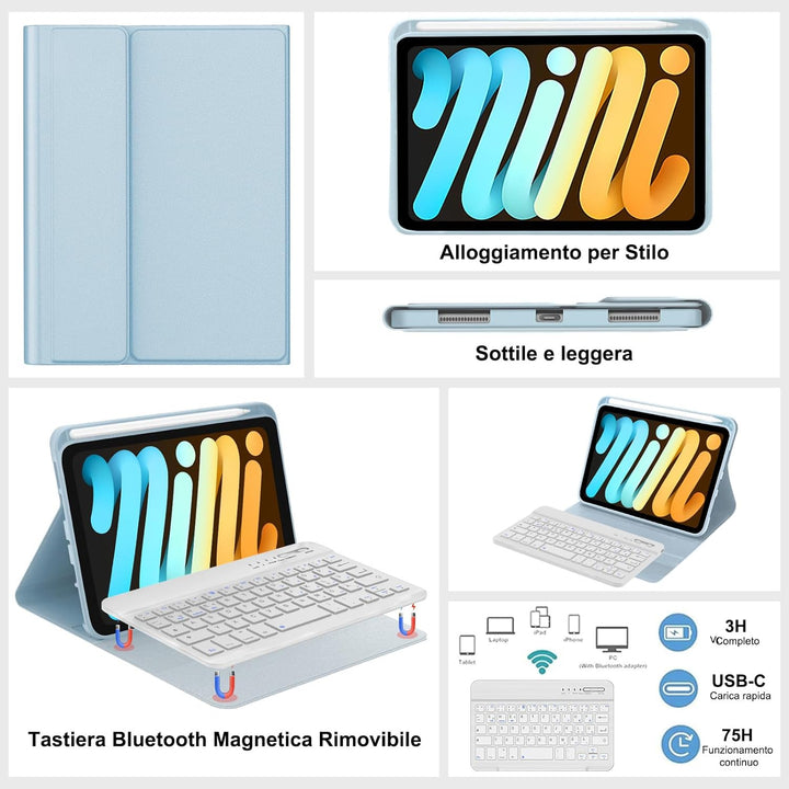 Bluetooth-Tastatur für iPad Mini 7(A17 Pro) 8,3 Zoll 2024 - Italienisches QWERTY-Layout Abnehmbare M