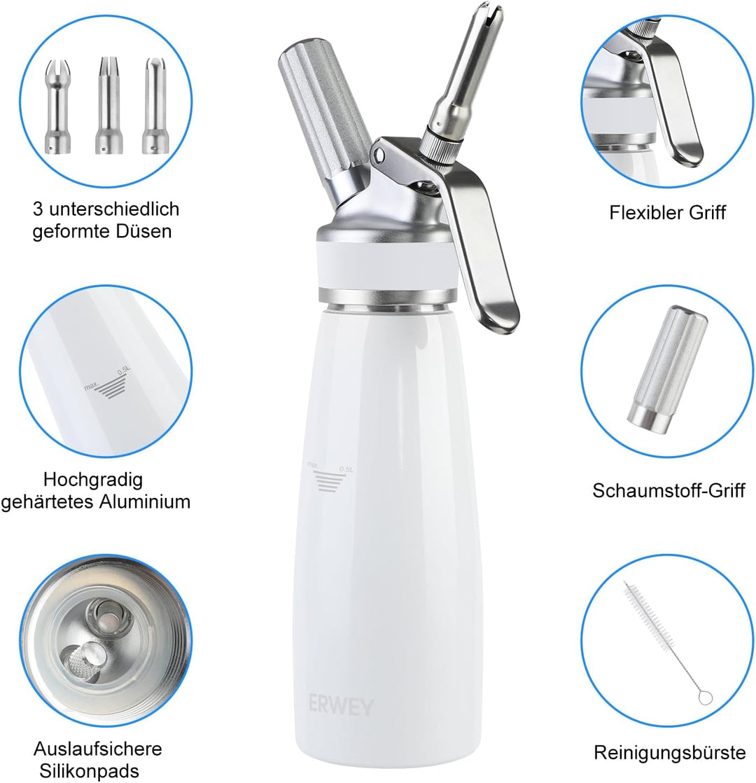 ERWEY Sahnespender 500ML, Sahnesyphon Edelstahl, Sahnesprüher Auslaufsicherer Einfach Reinigen mit 3