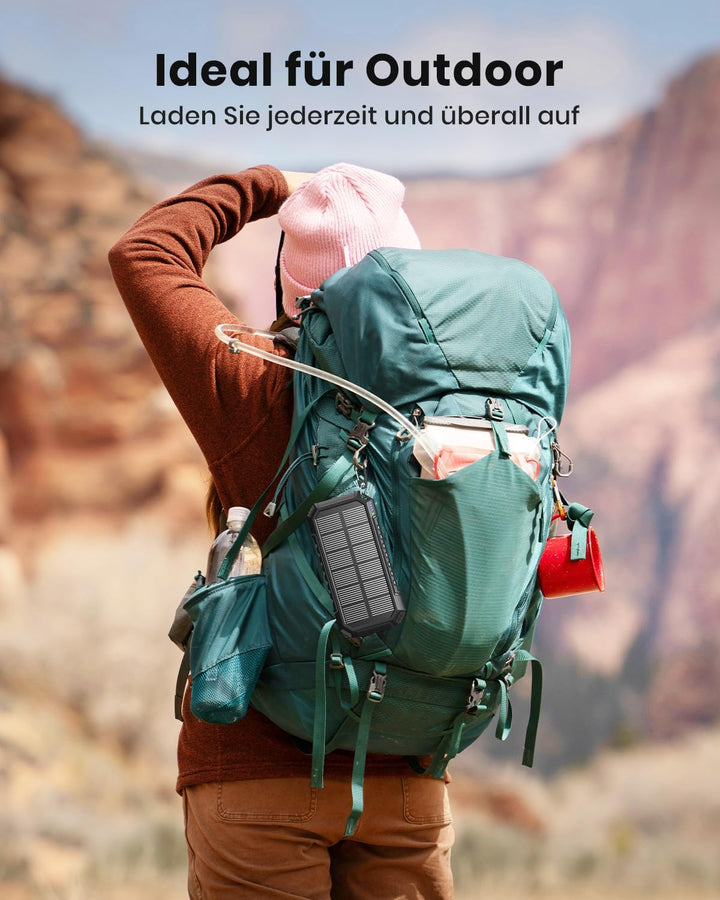 Solar Powerbank 20000mAh – 15 W Schnellladegerät, Tragbares Ladegerät, 3 integrierte Kabel mit LED-T
