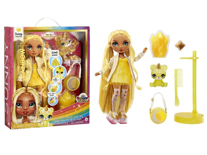 Rainbow High Modepuppe mit Schleim & Haustier - Sunny (Gelb) - 28 cm Schimmernde Puppe mit Glitzersc