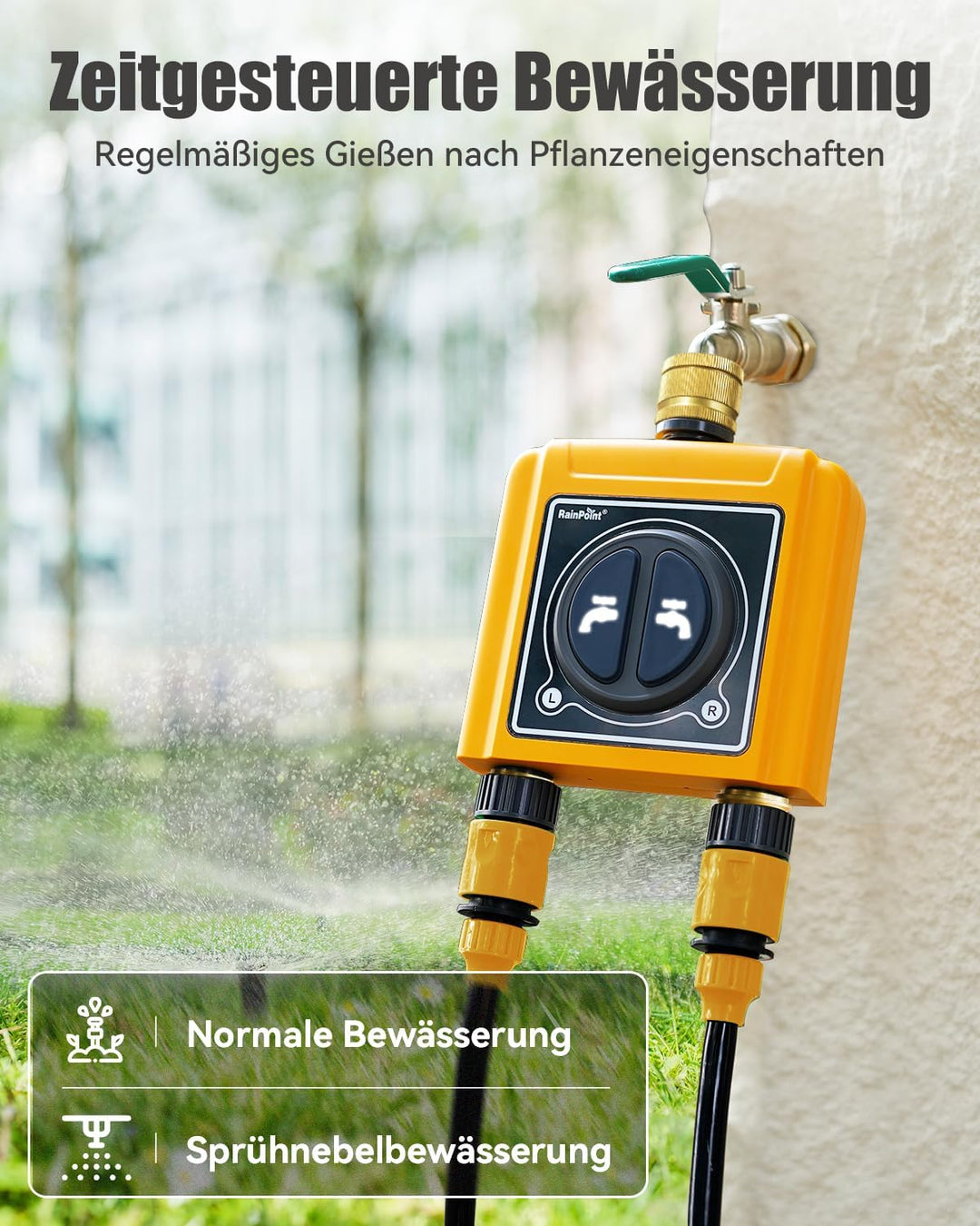 RAINPOINT Bewässerungscomputer WLAN 2 Ausgänge mit Messingeinlass und -auslass,Zeitschalter mit Rege