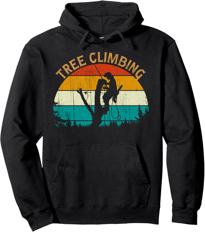 Vintage Retro Style Sunset Pine Tree Climbing Arborist Pullover Hoodie