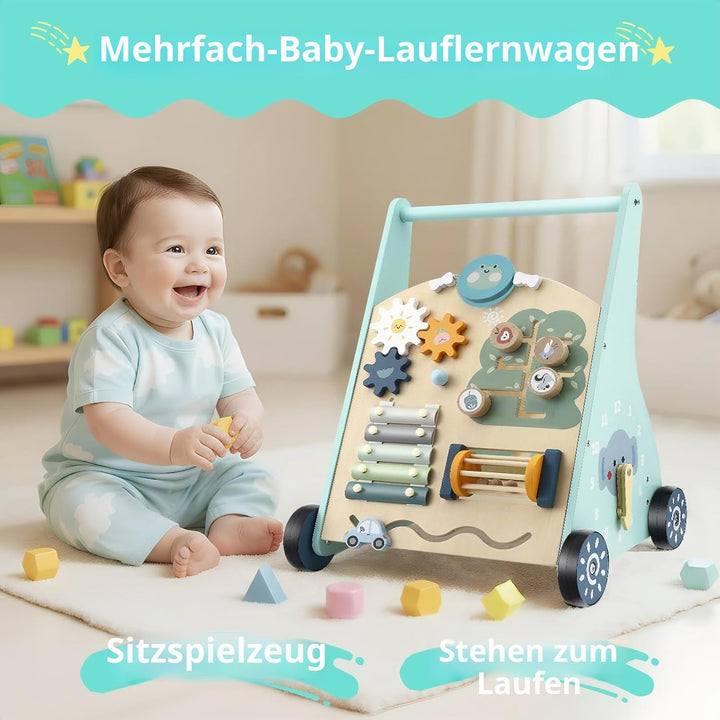 Baby Lauflernwagen aus Holz - Multifunktionale Lauflernhilfe mit Motorikspielzeug - Montessori Lerns