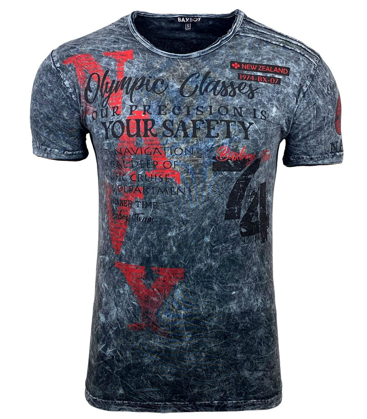 Baxboy Herren Kurzarm Rundhals Verwaschen Vintage Used Look T-Shirt Front & Back Print Regular Fit W