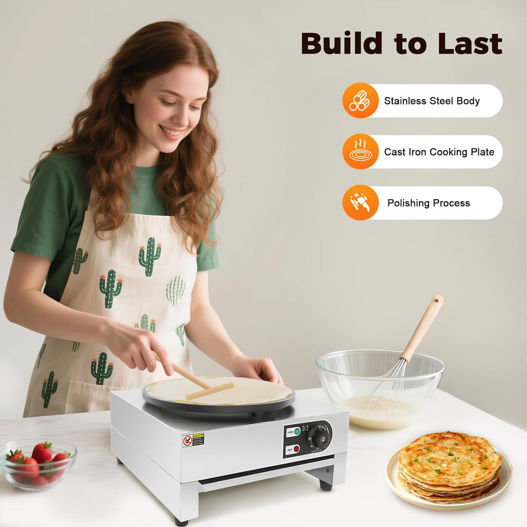 3000W Elektrischer Crêpe Maker, Profi Crêpes Pfannenmaschine aus Edelstahl &amp; Gusseisen, Antihaftplat