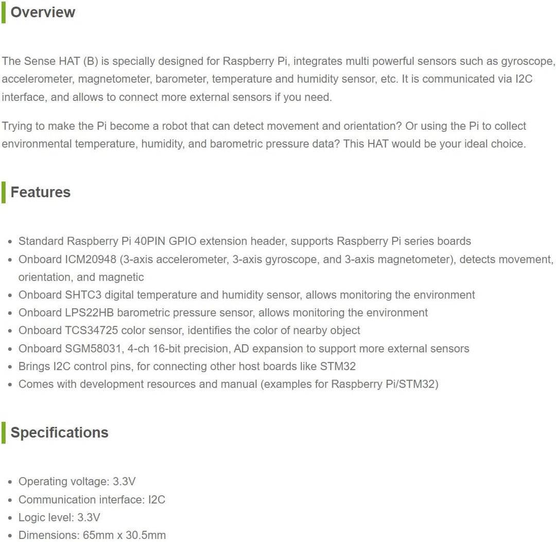 Waveshare Sense HAT (B) for Raspberry Pi Onboard Multi Powerful Sensors Such as Gyroscope Accelerome