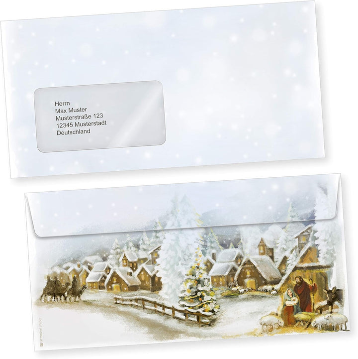 Weihnachtsdorf 25 Sets Christliches Weihnachtsbriefpapier mit Fensterumschlägen Briefpapier Weihnach