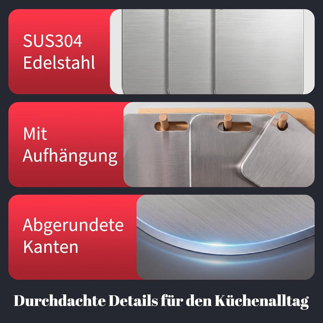 Titan Schneidebrett, 304 Edelstahl, Metall-Schneidebretter in 3 Grössen für Fleisch, Obst & Gemüse,