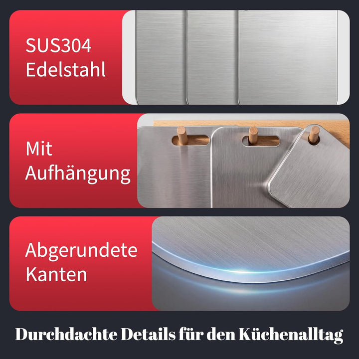 Titan Schneidebrett, 304 Edelstahl, Metall-Schneidebretter in 3 Grössen für Fleisch, Obst & Gemüse,