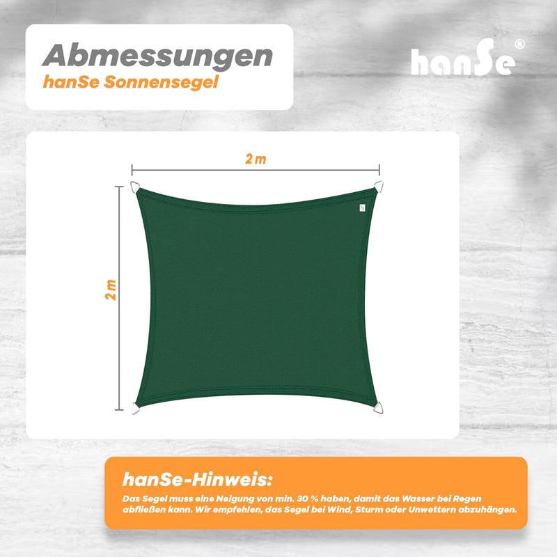hanSe Sonnensegel quadratisch, Segeltuch Quadrat, 2x2m in Grün, aus HDPE Gewebe, wetterbeständig mit