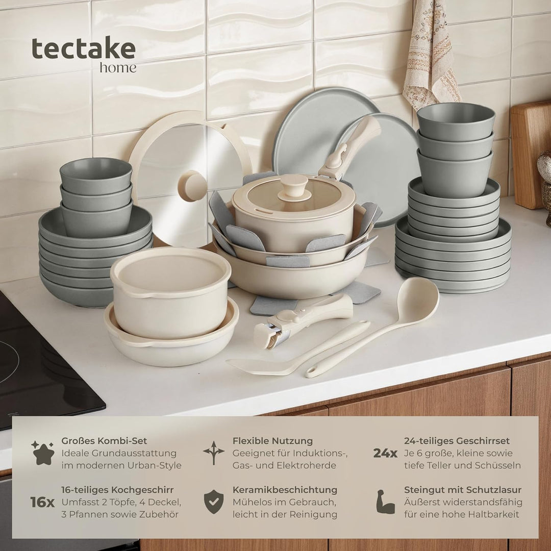 tectake® Küchenstarterset 6 Personen, Steingut Geschirr Set, Teller, 3 Pfannen, 2 Töpfe, rostfreies