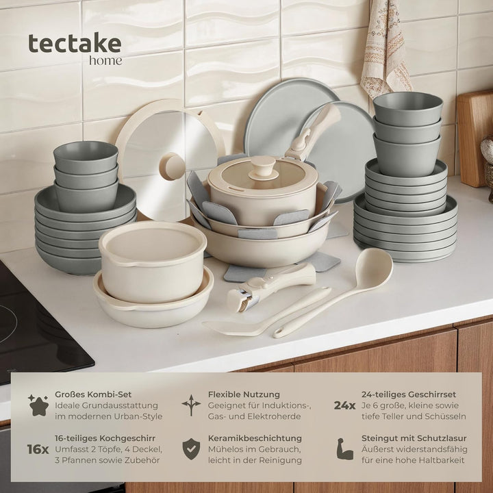 tectake® Küchenstarterset 6 Personen, Steingut Geschirr Set, Teller, 3 Pfannen, 2 Töpfe, rostfreies