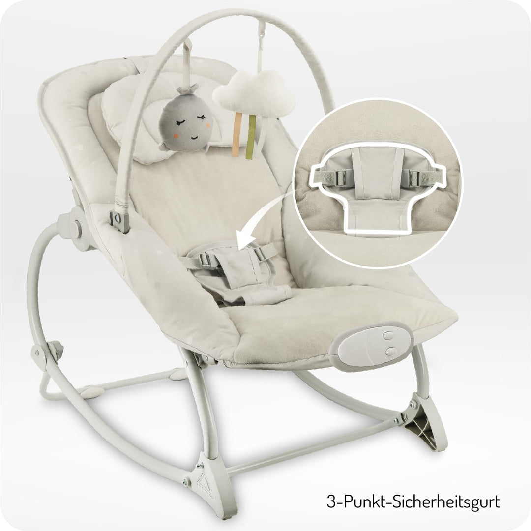 MoMi Babywippe LAPIS für Babys bis 12 kg, Batteriebetrieb, 3-Punkt-Sicherheitsgurt, Bügel und 2 Spie