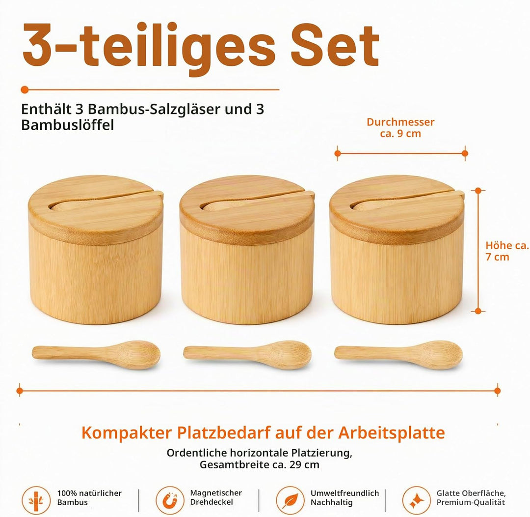 3 Stück Salzdose Bambus, Salzbehälter mit Magnetischem Schwenkdeckel und Bambuslöffel, Lebensmittele