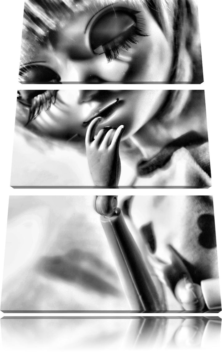 Pixxprint Monocrome, hübsches Pullip-Püppchen mit sehr Langen Wimpern 3-Teiler Leinwandbild 120x80 B