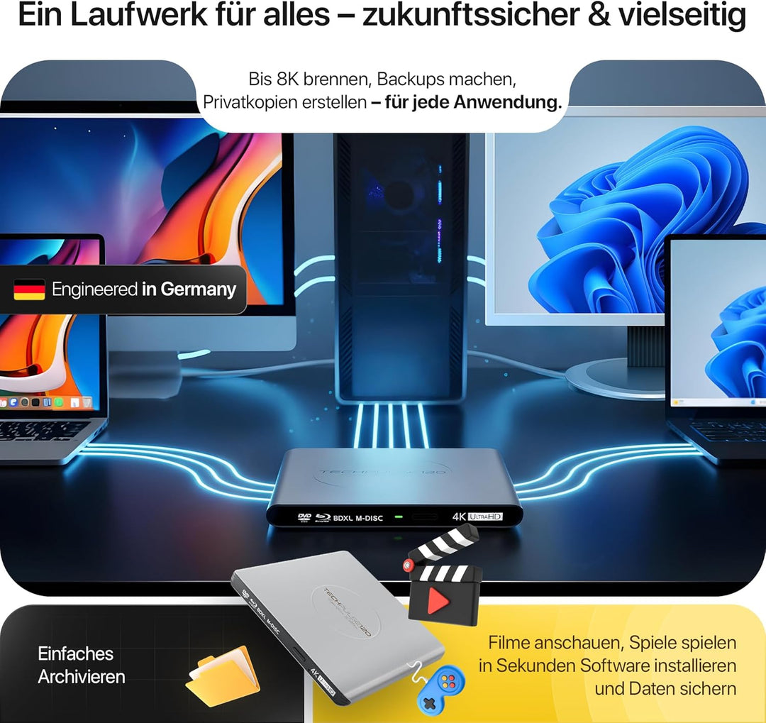 techPulse120 Externes USB 3.1 USB-C UHD 4k 3D M-DISC Blu-ray DVD CD HDR10 128GB Laufwerk Brenner Bur