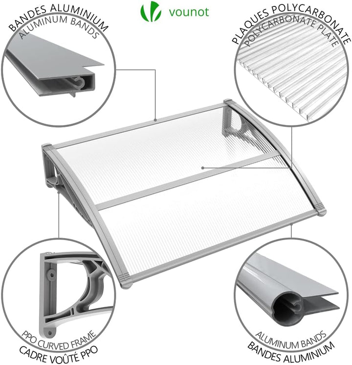 VOUNOT Vordach für Haustür 100 x 80 cm, Überdachung Haustür aus Aluminium und Polycarbonat, Transpar