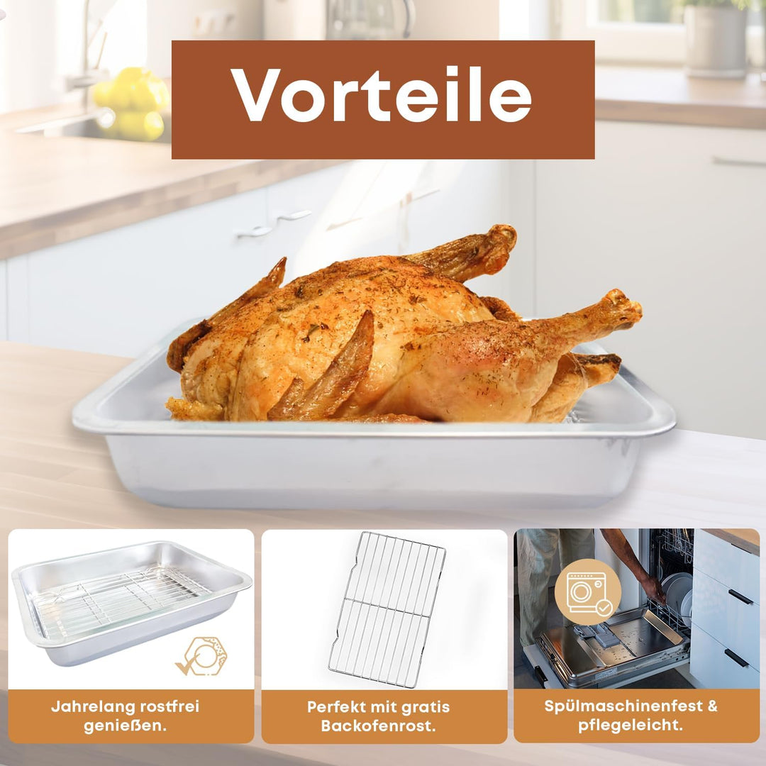Bräter mit Grillrost 36x27x7 cm – Edelstahl Bratpfanne mit Rost für Backofen & Ofengerichte – Spülma