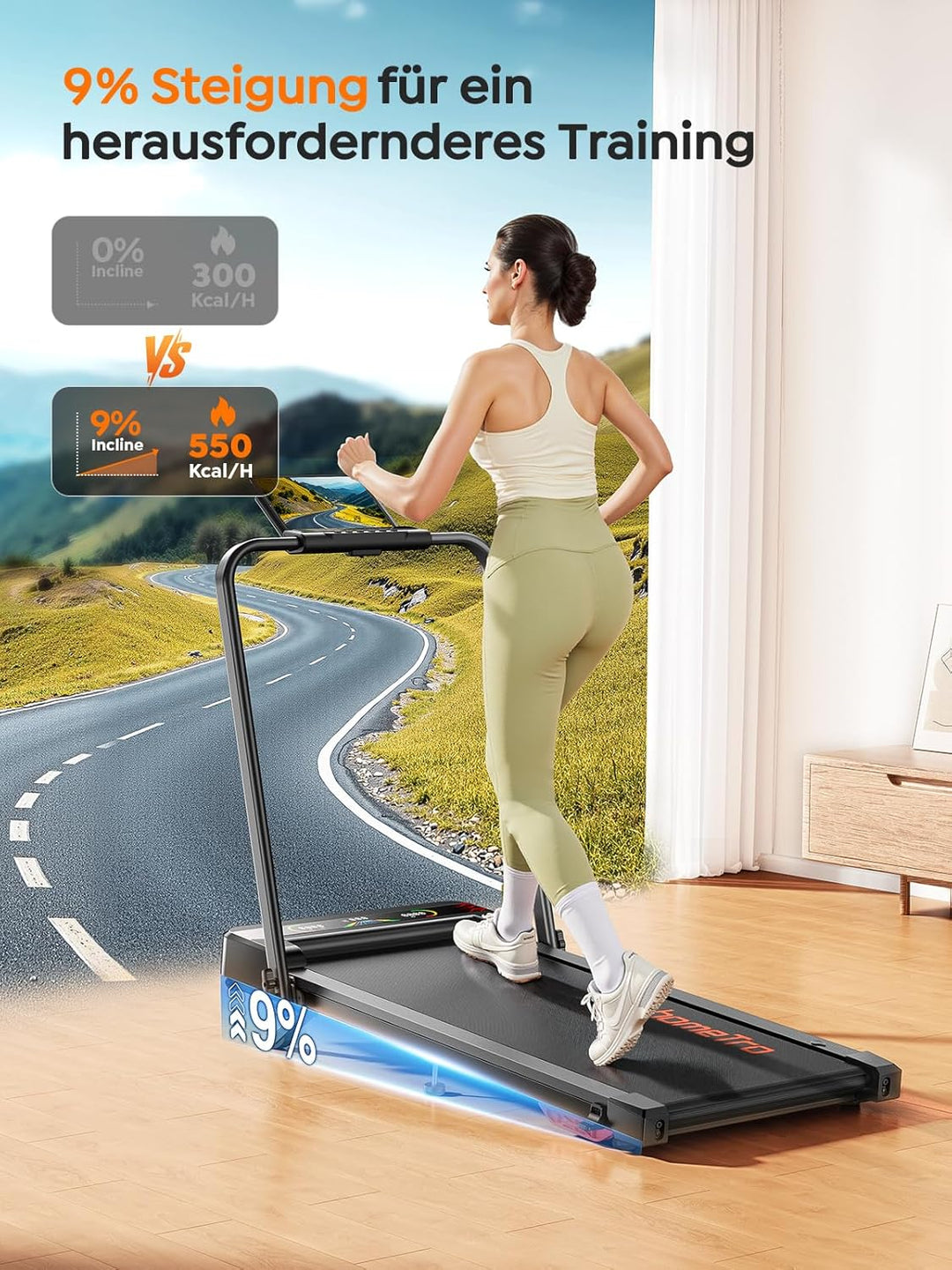 Laufband für Zuhause &amp; Büro Klappbar, Walking Pad mit Steigung - 9% Neigung | 1–12 km/h, 120 kg, LED