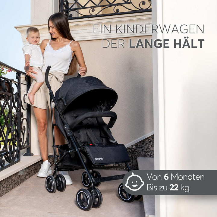 KikkaBoo BEETLE Kinderwagen, Kinderwagen bis 22 kg, faltbar, leicht, kompakt, Schwarz, Schwarz