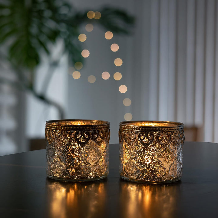 Jinfa 4er-Set Teelichthalter Silber Kerzenhalter Windlicht Glas Kerzengläser Teelichtgläser Weihnach
