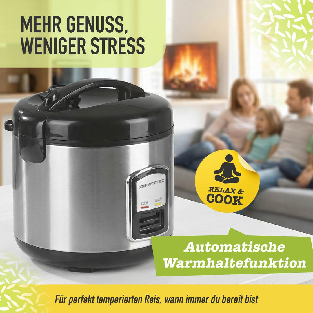 GOURMETmaxx Kompakt-Reiskocher &amp; Dampfgarer, 1L, inkl. Dampfeinsatz, Gartopf, Reislöffel &amp; Messbeche