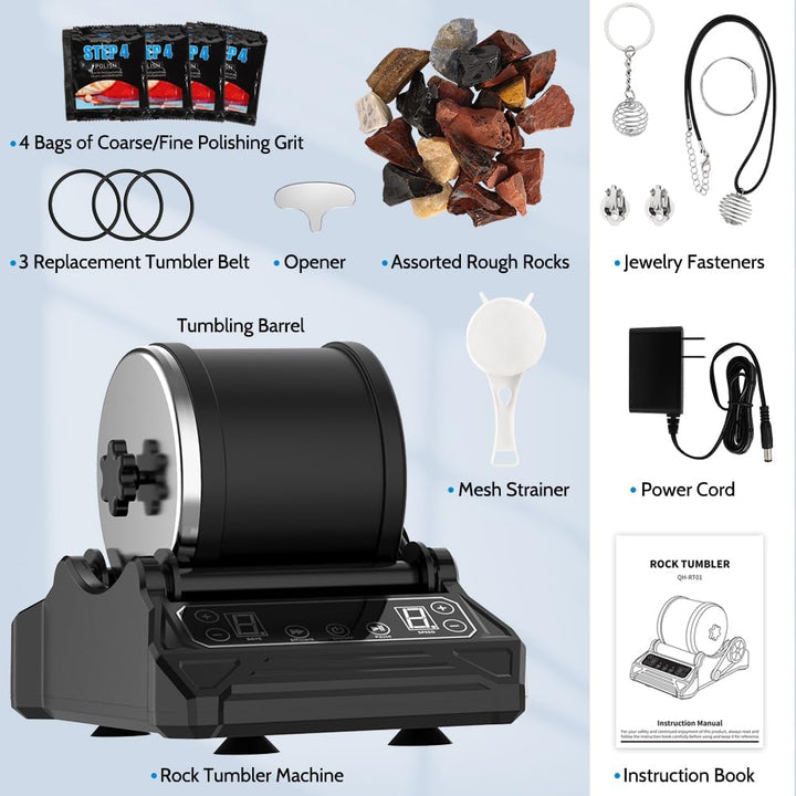 Rock Tumbler Kit Steintrommel Set, Steinschleifmaschine mit 9-Tage-Timer & 9-Gang-Einstellungen, Kom