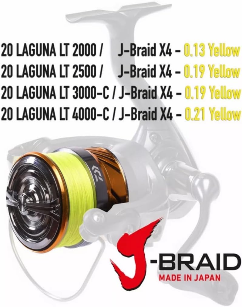 DAIWA 20 Laguna LT, Spinn-Angelrolle, Frontbremse, Vorbespult mit J-Braid X4 Gelb 2000, 2000