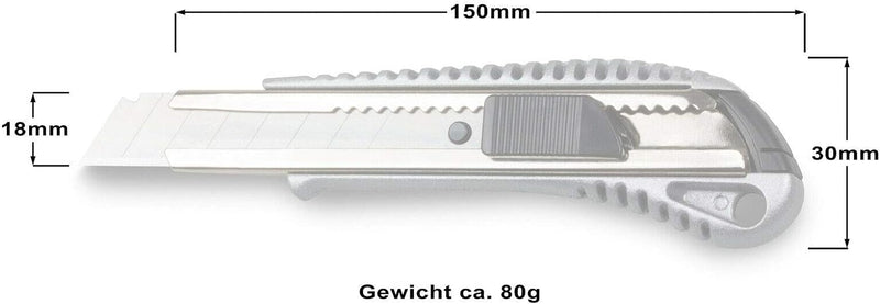 Alu- Cuttermesser inkl. 100 Ersatzklingen, 18 mm Abbrechklingen, automatische Klingenarretierung, In