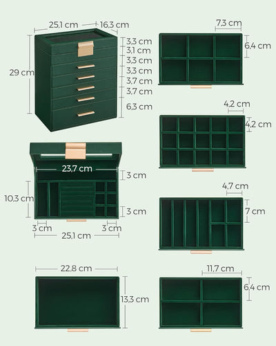 SONGMICS Schmuckkästchen, Schmuckkasten mit 6 Ebenen, Schmuckbox mit Glasdeckel, 5 Schubladen, für S