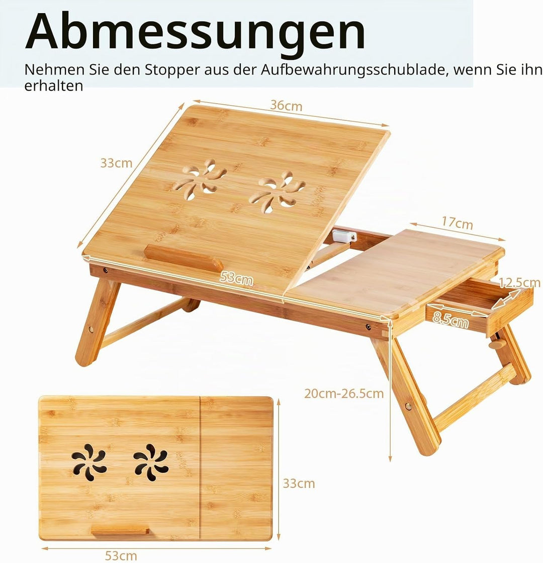 LIFEZEAL Laptoptisch Bambus fürs Bett, Höhenverstellbarer &amp; Klappbarer Betttisch, Tragbarer Betttabl