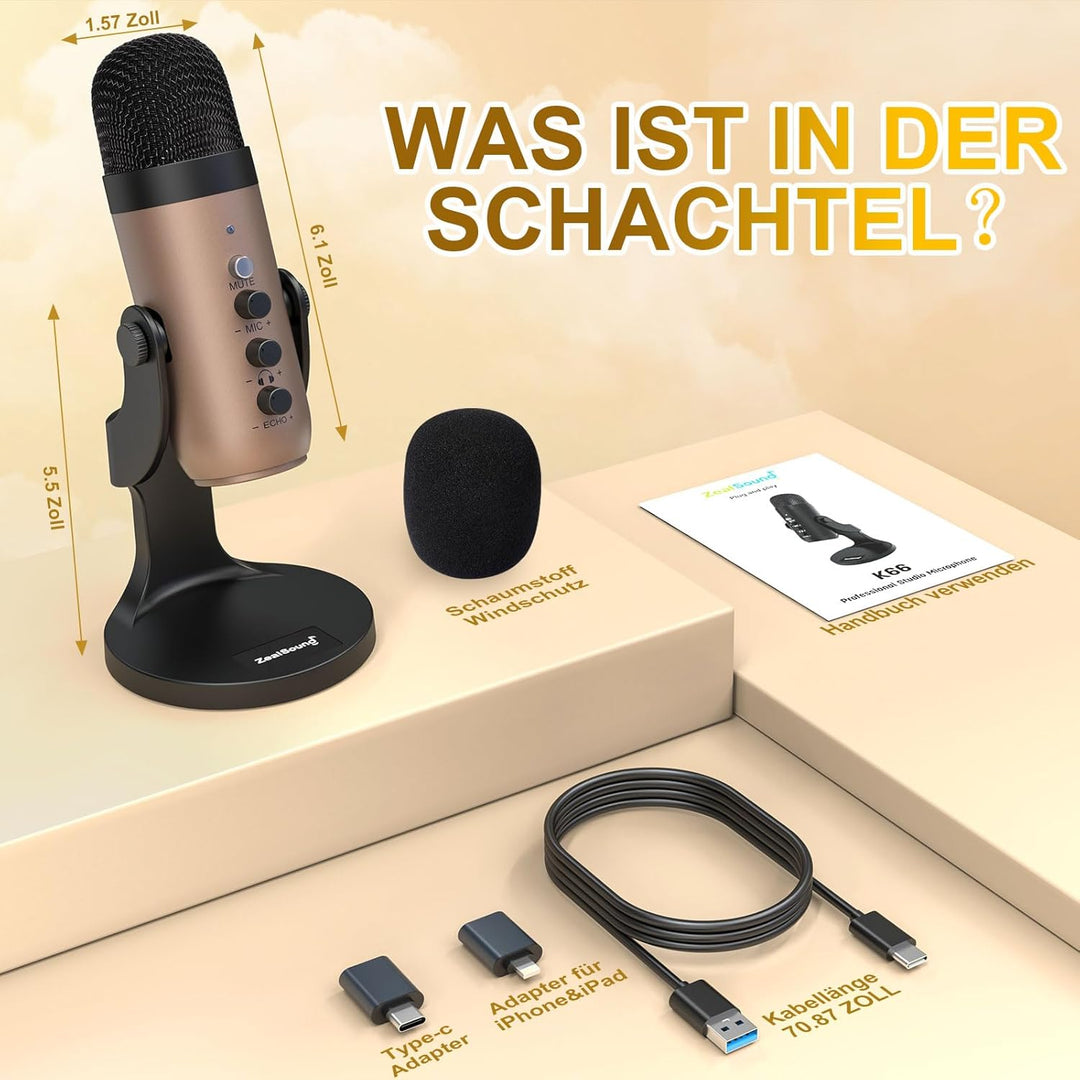 zealsound USB Mikrofon PC, k66 Gold Podcast Mikrofon für PC Handy PS4&5, Kondensator Microphone mit